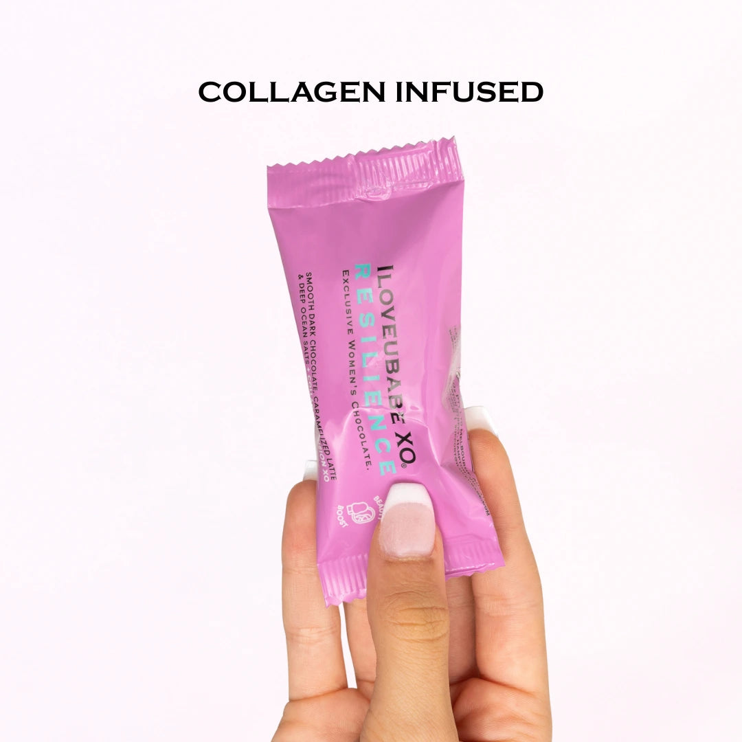 Surrender to the seductive allure of effortlessly smooth caramel and deep ocean sea salts embraced by silky smooth rich velvety dark chocolate + COLLAGEN INFUSION XO.