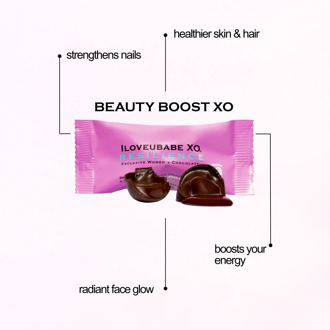 Surrender to the seductive allure of effortlessly smooth caramel and deep ocean sea salts embraced by silky smooth rich velvety dark chocolate + COLLAGEN INFUSION XO.