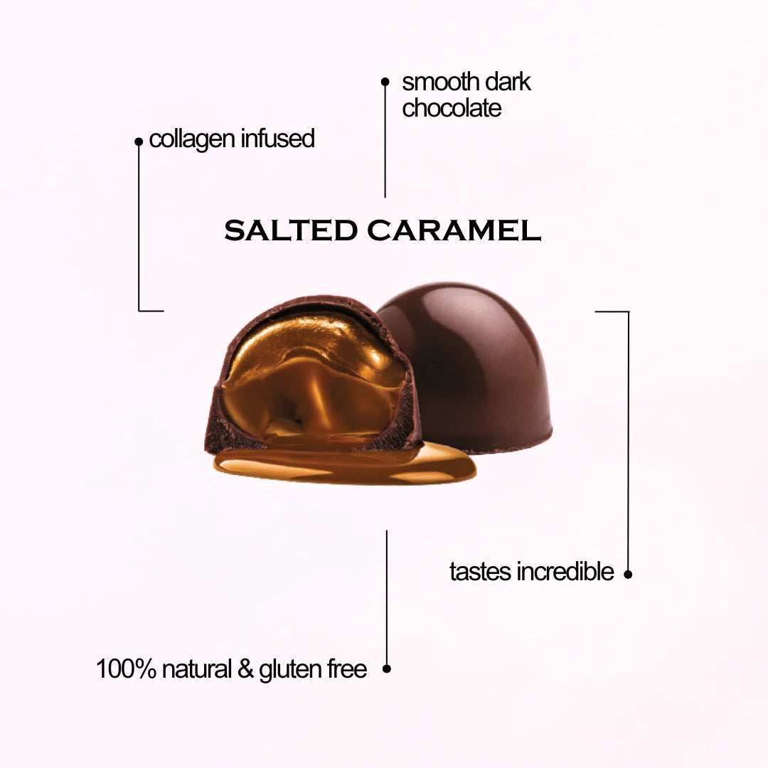 Surrender to the seductive allure of effortlessly smooth caramel and deep ocean sea salts embraced by silky smooth rich velvety dark chocolate + COLLAGEN INFUSION XO.