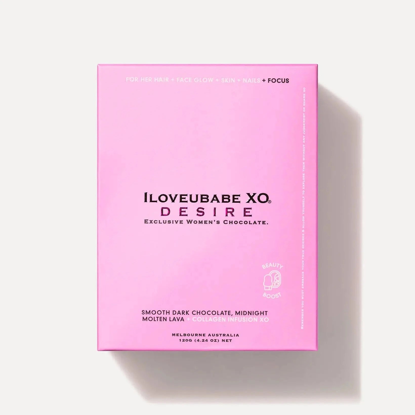 Discover the beauty boost with the ILOVEUBABE XO® DESIRE Girlie Ten-Day Chocolate Gift Box, featuring delicious midnight molten lava chocolates infused with collagen for hair face skin nails and focus.