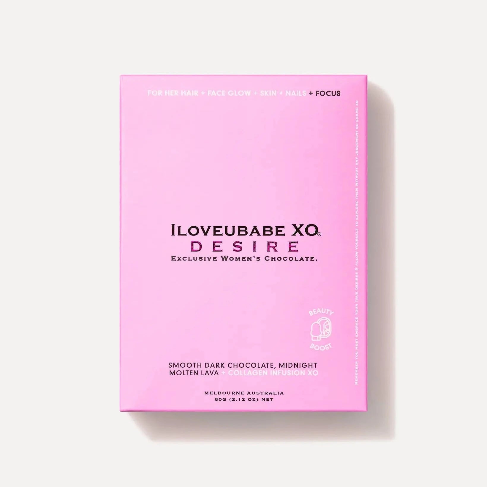 Indulge in the collagen-infused chocolates of the ILOVEUBABE XO® Desire collection. Enjoy a luxurious chocolate experience that also supports your inner beauty.