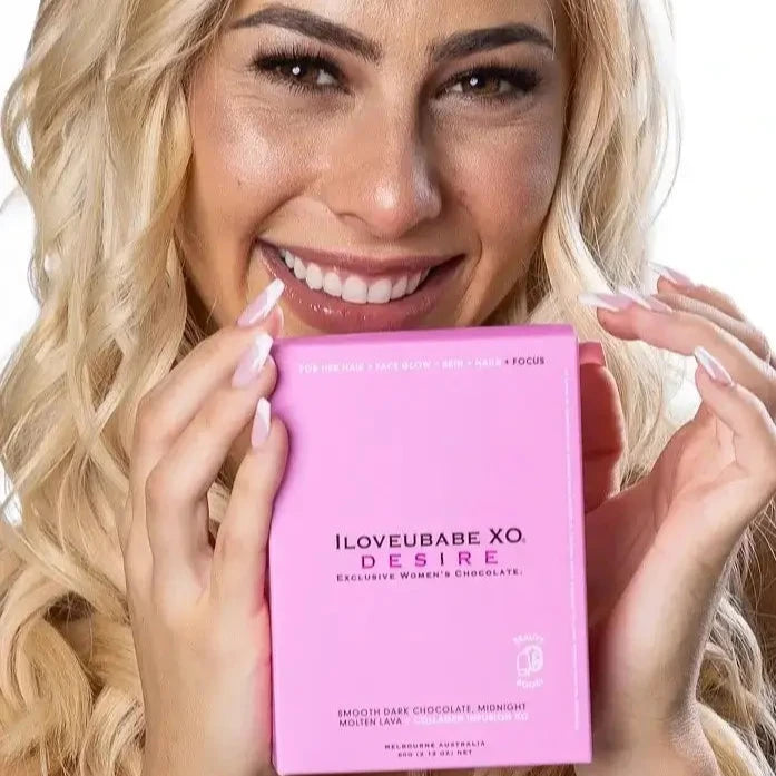 Discover the beauty boost with the ILOVEUBABE XO® DESIRE Girlie Ten-Day Chocolate Gift Box, featuring delicious midnight molten lava chocolates infused with collagen for hair face skin nails and focus.