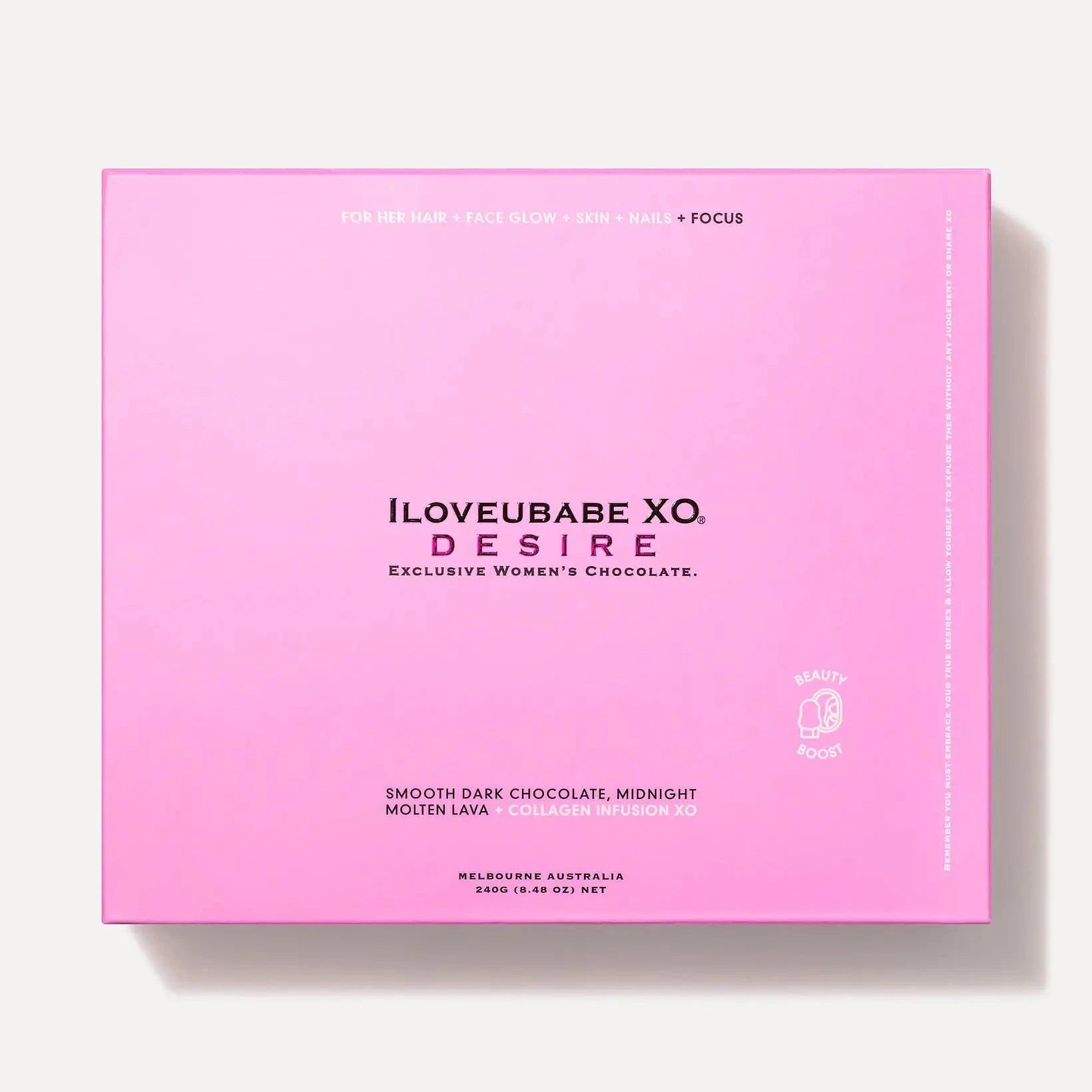 Unlock the power of beauty with the ILOVEUBABE XO® DESIRE Princess Power Twenty-Set Chocolate Gift Box, featuring smooth dark chocolate with midnight molten lava and collagen infusion designed to enhance beauty and focus.