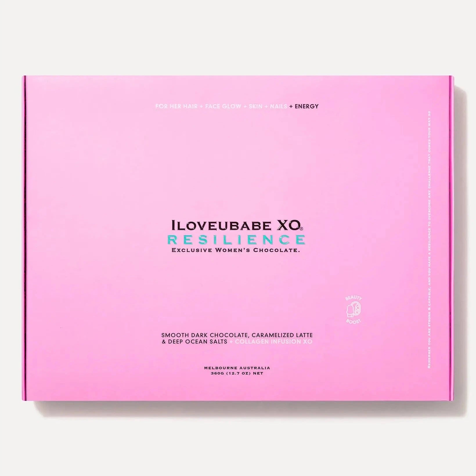 Elevate your self-care routine with the ILOVEUBABE XO Resilience Beauty Box Thirty-Cluster Chocolate Gift Box a perfect blend of smokey caramelized latte and ocean salts for beauty and energy.