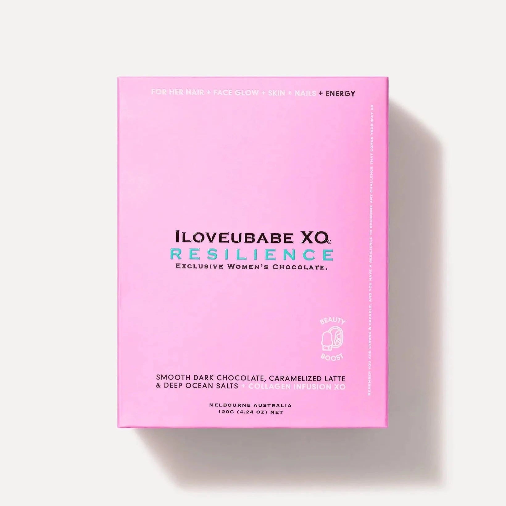 Elevate your self-care with the ILOVEUBABE XO Resilience Girlie Luxe Ten-Day Chocolate Gift Box featuring 10 POWERPRALINES of dark chocolate with collagen for beauty and energy.