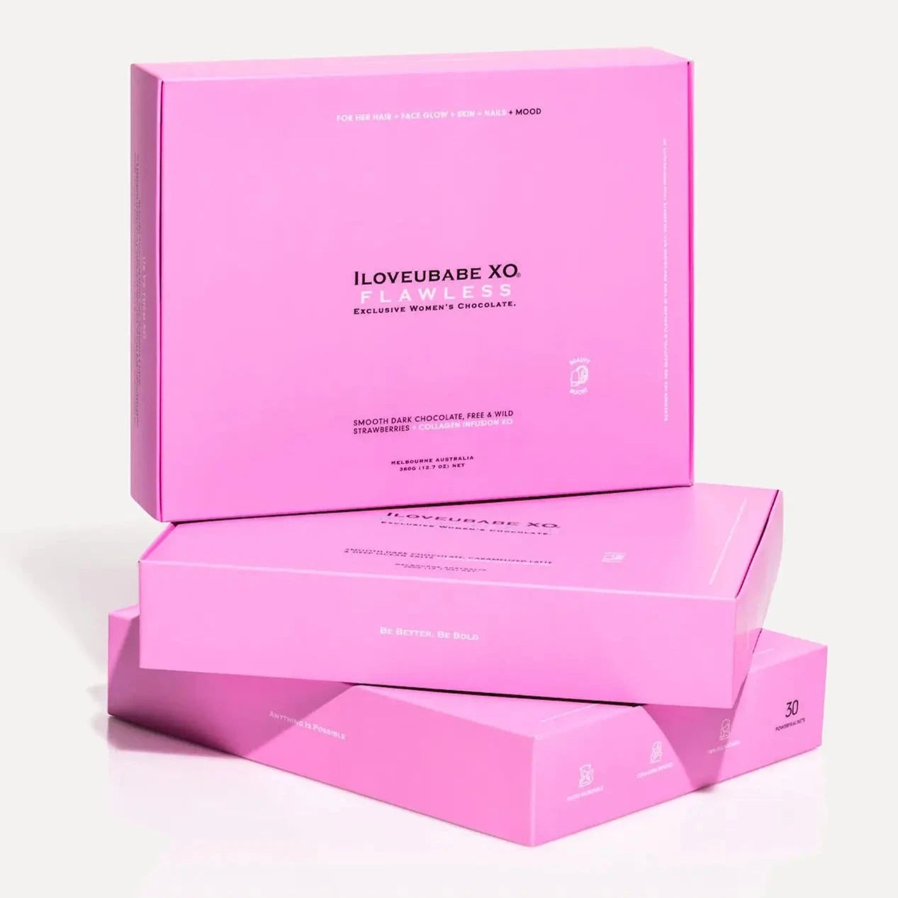 Embrace beauty with the FLAWLESS BEAUTY BABE Bundle by ILOVEUBABE XO featuring five five-day collagen chocolate gift boxes with wild strawberries